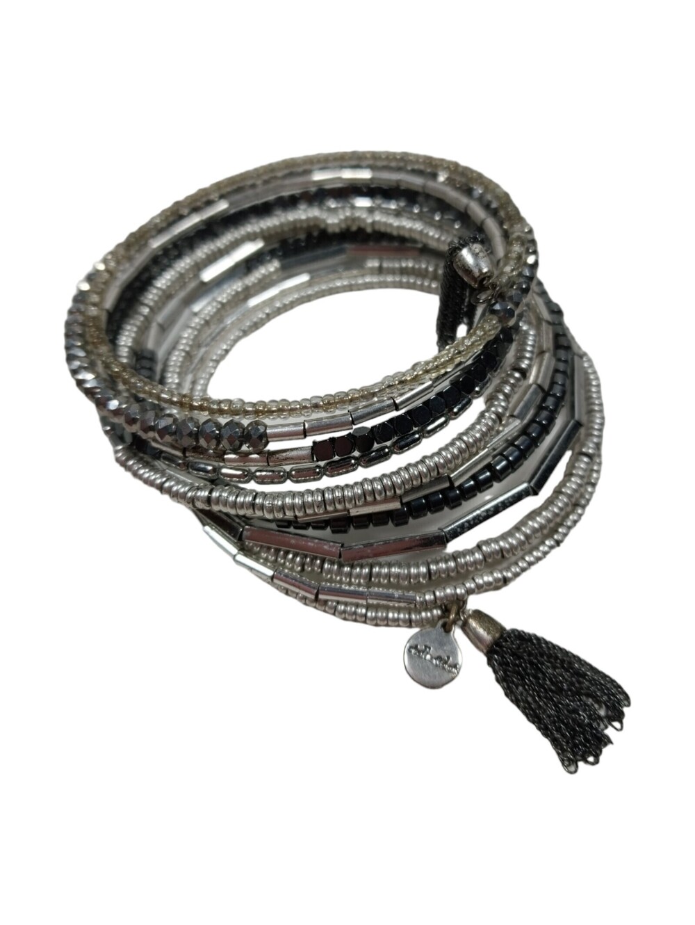 Stella & Dot Celine Silver Beaded Coil Wrap Bracelet Bling with Tassels Hematite